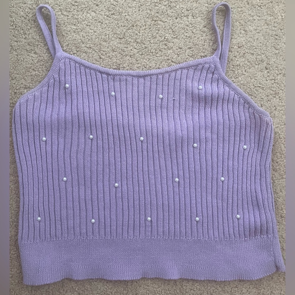 Women’s Mustard Seed Cropped Lilac Purple Knit Sweater Tank Top Pearls Medium